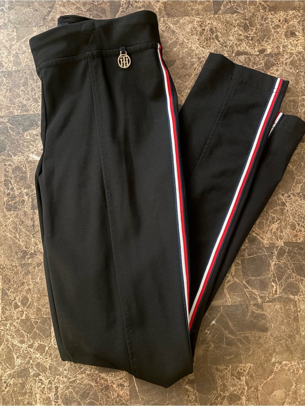 Tommy Hilfiger Black Trousers with Red White & Blue Signature Side Stripes